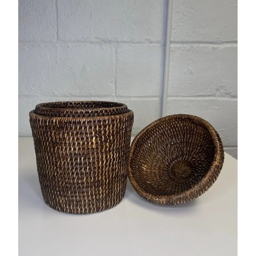 VTG Rattan Wicker Lidded Basket Ginger Jar Woven Coil Cane Storage‎ Vase